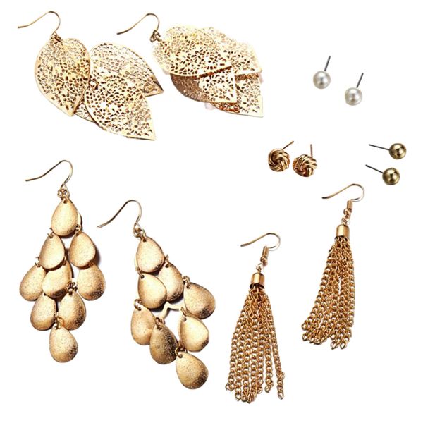 

6 pairs drop leaf earrings hoop dangler with ear studs wedding prom party statement tassel earrings, Golden