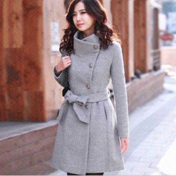 

women new autumn and winter long section slim thickening belt woolen coat women's collar windbreaker slim-fit woolen coat wild, Black