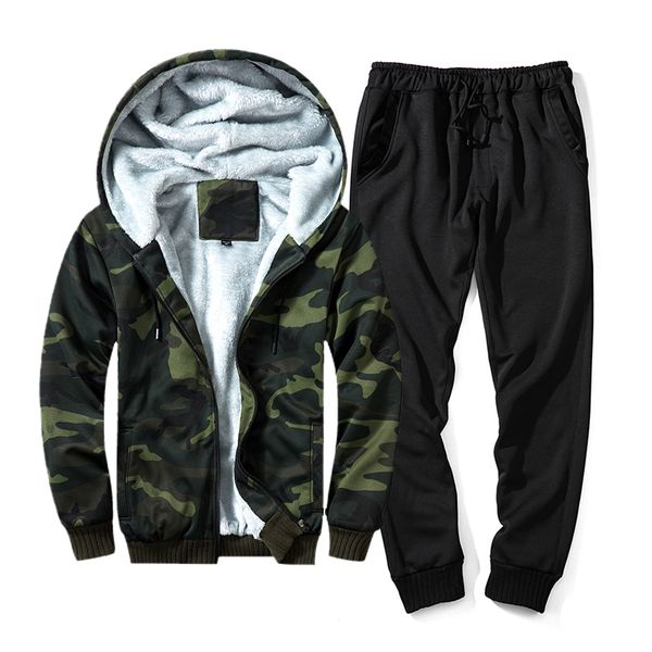 

2018 tracksuit мужчина зима толстого inner руно камуфляж с капюшоном set повседневного костюма мужской zipper фуфайка + брюки комплекты velv, Gray
