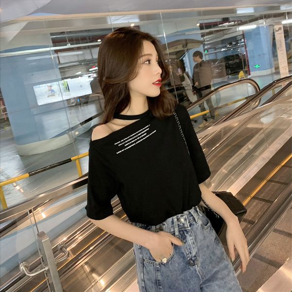 

2020 hanging neck shoulder half sleeve printed women's chic slim 2020 hanging neck shoulder half sleeve printed t-shirt women's ch, White