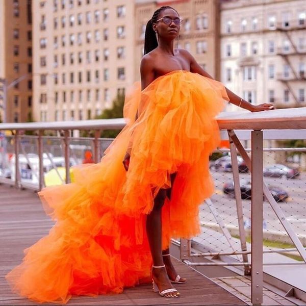 Orange High Low Puffy Prom Kleider abendkleid Tüll Tiered Trägerlosen Elastischen Frauen Abendkleid Günstige vestidos de fiesta