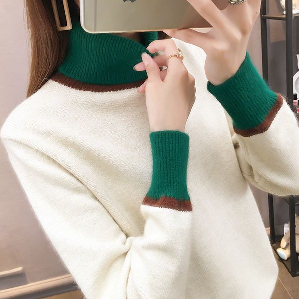 

2018 new autumn winter turtleneck thick knitwear korean pathwork hit color women pullover sweater casual loose jumper, White;black