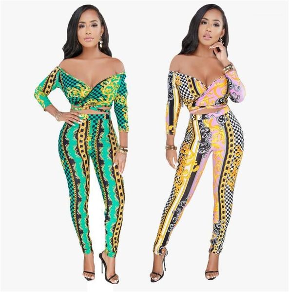 

2pcs pants women digital printed set fashion slash neck slim jumpsuit spring womens designer, White
