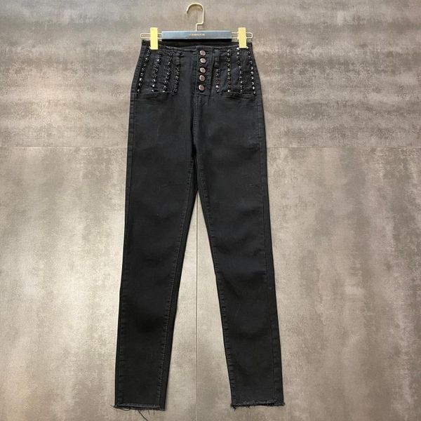 

women's jeans 2021 black diamond pants slim fit metal buckle high waist, Blue