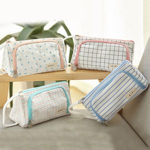 

large capacity small fresh cosmetic bag simple multi-function portable storage bag korean creative plaid pencil case makeup