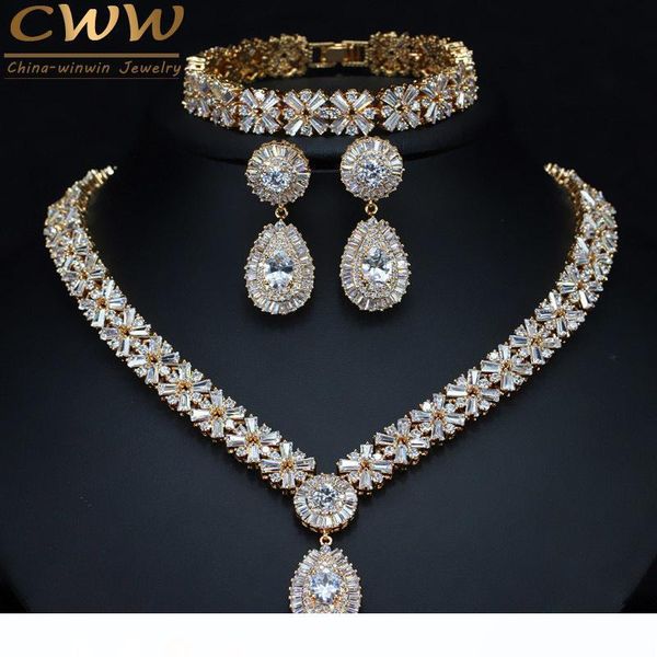 

cwwzircons exclusive dubai gold цвет украшения роскошные цирконий ожерелье серьги браслет партии ювелирных изделий набор для женщин t053 c19, Silver