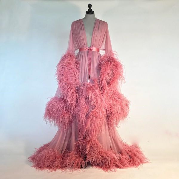 Robe rosa Womens Feather Nightgown Banho Pijamas Robe nupcial com presentes do partido Neck Belt V vestido de dama de honra