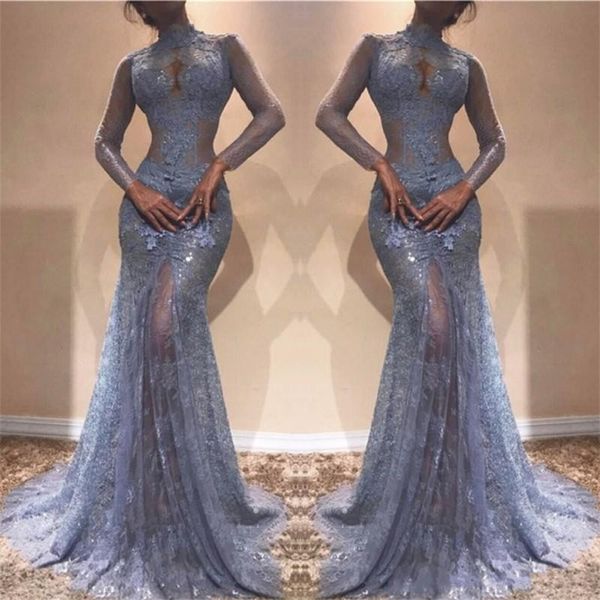 

великолепное zuhair murad полное кружевное платья выпускного вечера 2019 высокая шея русалка иллюзия длинные рукава прозрачные вечерние плат, Black