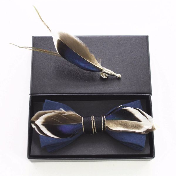 

handmade mens mysterious feather leather luxury bow tie brooch set pre-tied bow tie for wedding party clothing accessories, Blue;white