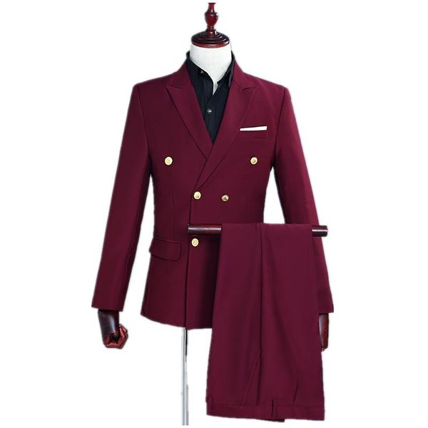 

jacket+pants)red wine double-breasted men suit set singer host performance costume vintage gala banquet men suit blazer, White;black
