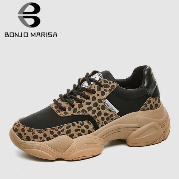 

bonjomarisa 2019 new ins brand leopard spit leather sneakers women spring ladies dad shoes casual running women shoes woman, Black
