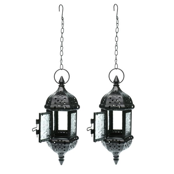 

2x iron chain hanging glass candlestick candle holder lantern lamp black