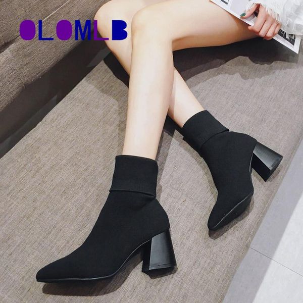 

2020 autumn and winter new thin socks and short boots women pointed toe high heels warm knitted stretch women's boots, Black