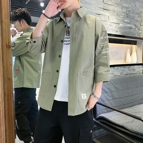 

2019 spring and summer new korean version of the couple harajuku men's casual solid color tooling short-sleeved shirt -2xl best, White;black