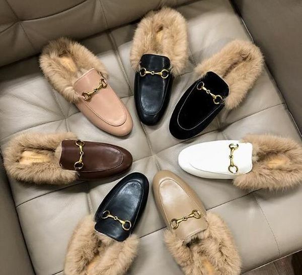 

luxury fashion women real fur lazy slippers genuine leather brand designer loafers women mules shoes rabbit fur slipper real pictures, Black