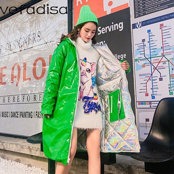

vefadisa overknee green silver reversible parkas women cotton bread coat long hooded parkas waist slim outwear zld216, Black
