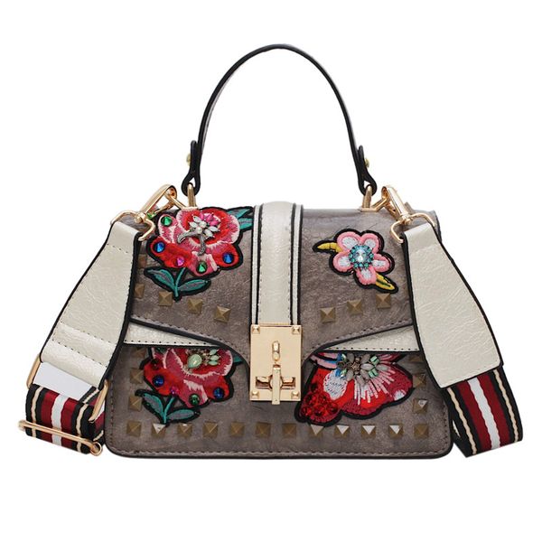 

bags for women 2019 new wild cross-body wideband embroidery rivet wide shoulder strap shoulder small square bag borse da donna