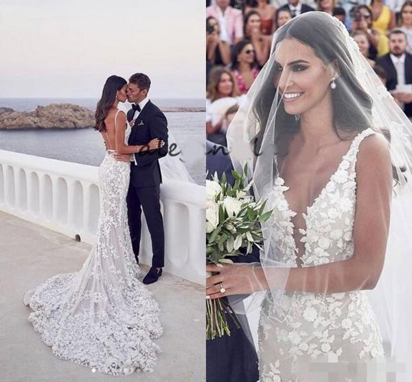 

backless mermaid wedding dresses luxury beaded lace applique sweep train custom made plunging v neck wedding gown vestido de novia, White
