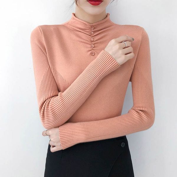 

new slim button solid color sweater autumn spring long sleeve bottoming shirt turtleneck knit pullover, White;black
