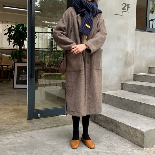 

autumn winter woolen coat women slim long woolen coat nine points sleeves outerwear abrigo mujer abrigos, Black