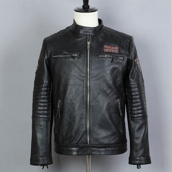 

2018 fashion slim motorcycle genuine leather jacket men black sheepskin coats men's zipper stand collar biker leather coat male