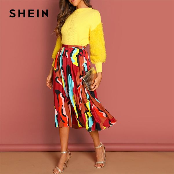 

shein multicolor graphic print pleated high waist straight long skirt women autumn 2019 weekend casual shift skirts, Black