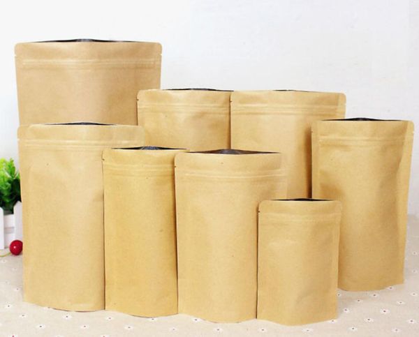 100 шт. / Лот встать UP Kraft Paper Paper Block Boach Bags Self Seal алюминиевая фольга Mylar Doypack Bag Bag Poughes Food Snuck Storage