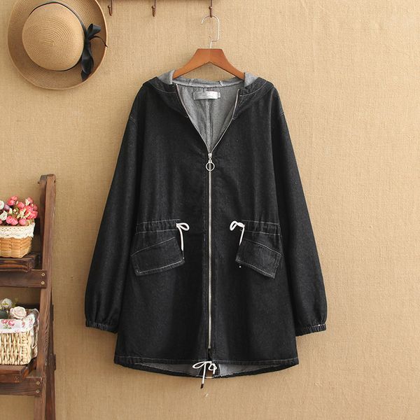 

women's trench coats plus size spring 2021 jeans jacket long hoodie fat, Tan;black