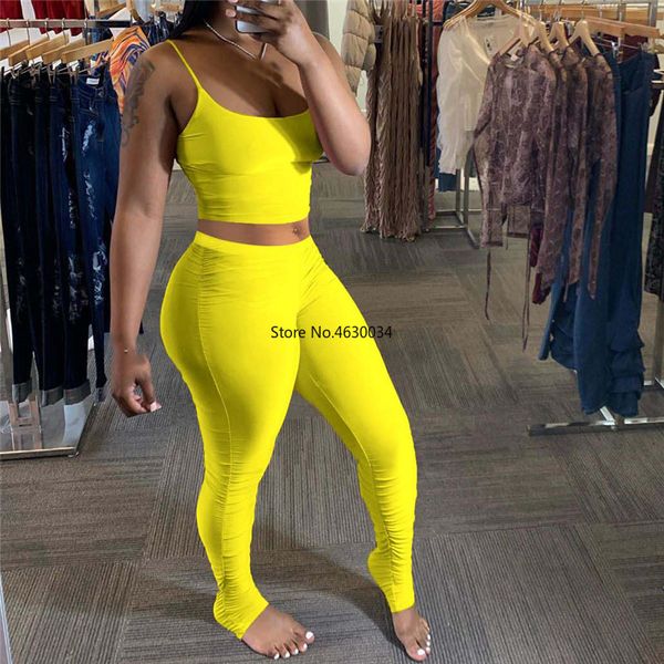 

stacked leggings women two piece jumpsuit summer fitness spaghetti strap backless ruched sweatpants bodycon rompers, White