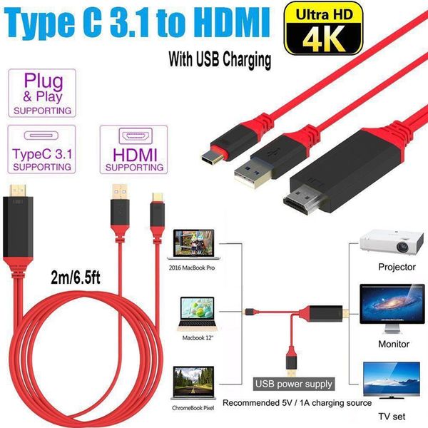 

usb 3.1 type c to hdmi 2m cable adapter converter ultra hd 1080p 4k charging hdtv video cable for samsung s10