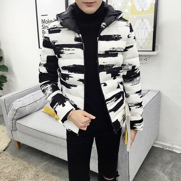 

winter hooded jacket men short parka black white casual warm coat thick cotton padded jacket male hooded parkas