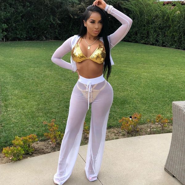

perspective smooth soft mesh 2 piece pants set women summer sunscreen hooded zipper jacket + long pants nightclub wear, White