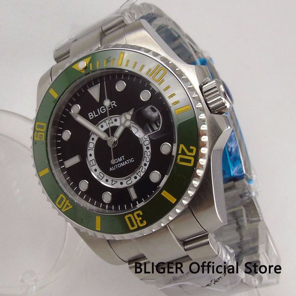 

solid bliger 43mm black dial yellow marks gmt green ceramic bezel sapphire glass mingzhu automatic movement men's watch b161, Slivery;brown