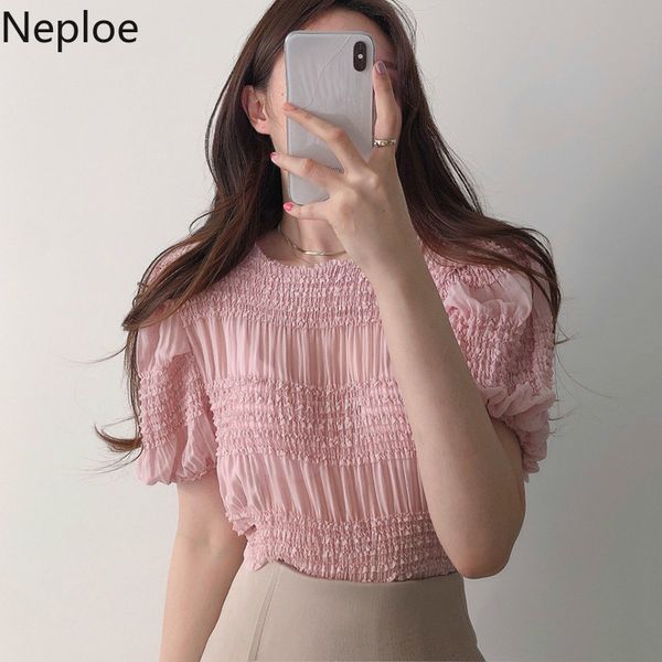 

neploe women puff short sleeve chiffon blouse shirts korean chic o-neck pleated 2020 summer solid blusas feminimos 4a788, White
