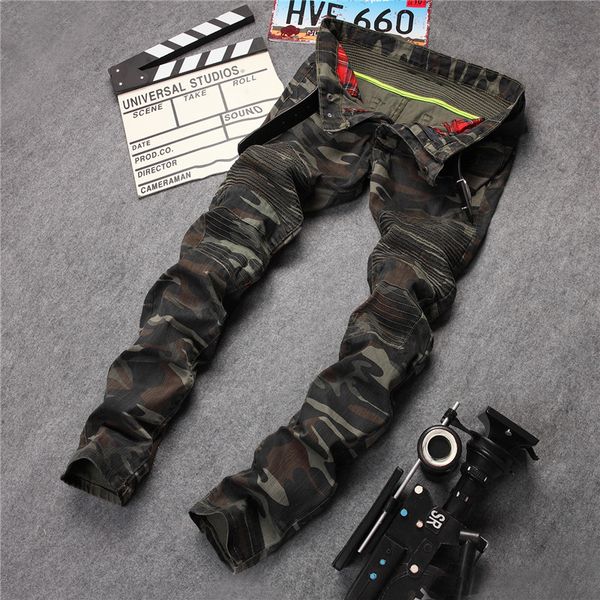 

men's camouflage green zipper biker jeans trousers motorcycle camo slim fit cool fashion design slim army hip hop denim pants, Blue