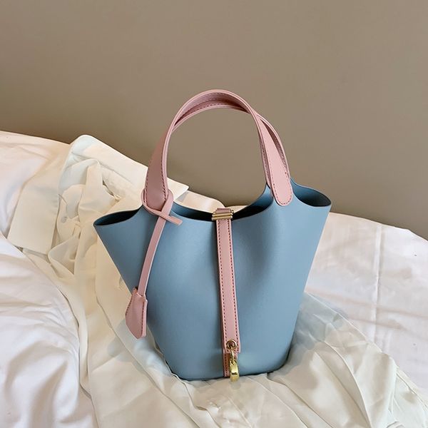 

pu small women's 2020 simple portable single shoulder crossbody versatile satchel bucket bag contrast color bucket bag, White