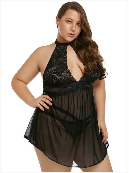 

european and american plus size fat mm200 pounds pajamas skirt backless gauze perspective lingerie, Black;red