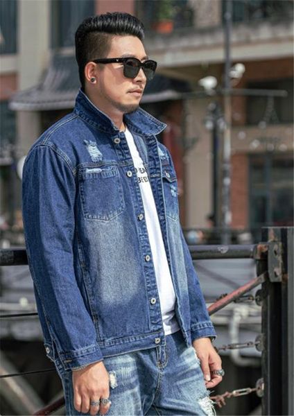 

plus size mens jean jackets light blue holes long sleeve lapel neck denim mens coats casual outerwears with button, Black;brown