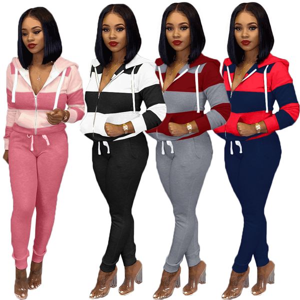 

designer new fashion classic stripe print large size hooded sports suit ladies zipper sports suit (seven colors) 9208, White
