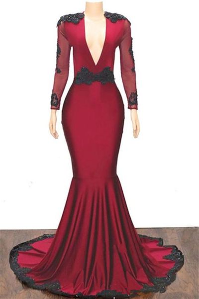 

lace appliques mermaid long-sleeves evening dresses burgundy backless prom dresses vestidos de quinceanera dresses prom gowns, Black