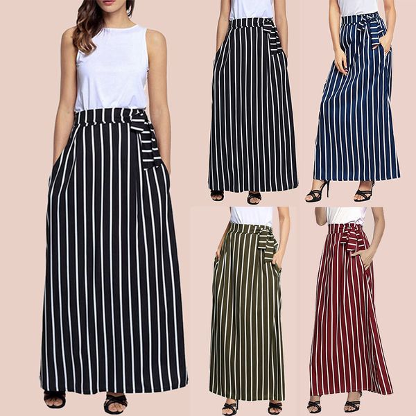 

2019 summer high waisted skirts korean elastic skirt striped ankle-length chiffon empire lace-up vintage long skirt y522, Black