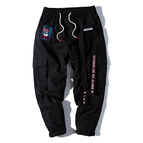 

2019 men joggers hip hop harem streetwear pants ribbons letter embroidery casual trousers popular pink cargo pants, Black