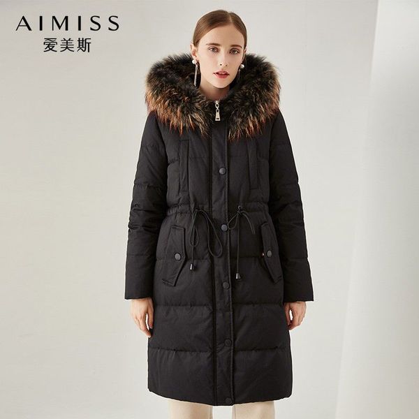 

aimiss brand new women down jacket real feather far hooded zippers long thick down coat winter warm clothes, Black