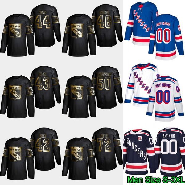 

43 libor hajek 2019 gold black new york rangers 72 filip chytil 50 lias andersson 48 brendan lemieux 44 neal pionk 42 brendan smith jersey, Black;red
