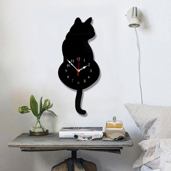 

white/black wagging tail cat design wall clock kids bedroom wall decoration unique gift creative cartoon mute clock