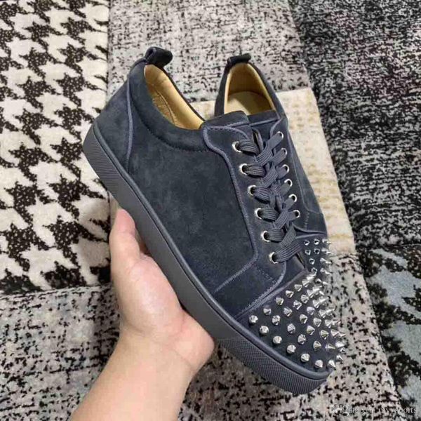 

2019 wholesale low cut red bottom spiked men's flat junior studs toe grey suede leather casual walking party shoes,luxury men trainers, Black