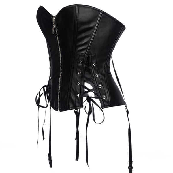 

steampunk black strapless faux leather corset lace up front zipper slimming corset women overbust bustier waist corsets, Black;white