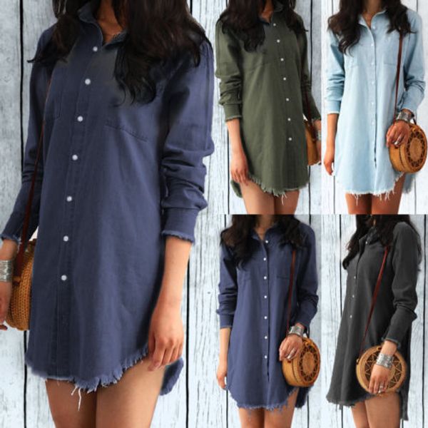

NEW Fashionable Women Ladies Long Sleeve Denim Blouse Loose Dresses Popular Pure Color Party Casual Mini Dress