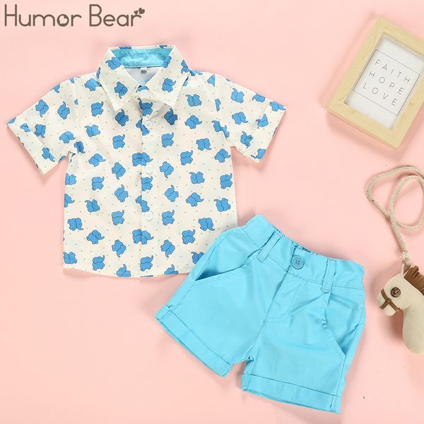 

humor bear boy kids suit 2020 newborn kids baby boy summer elephant t-shirt pants blue shorts outfits gentleman set t200707, White