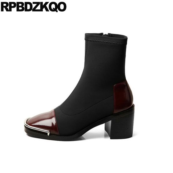 

stretch winter block retro square toe shoes vintage fall patent leather sock chunky 2019 women ankle boots medium heel black new